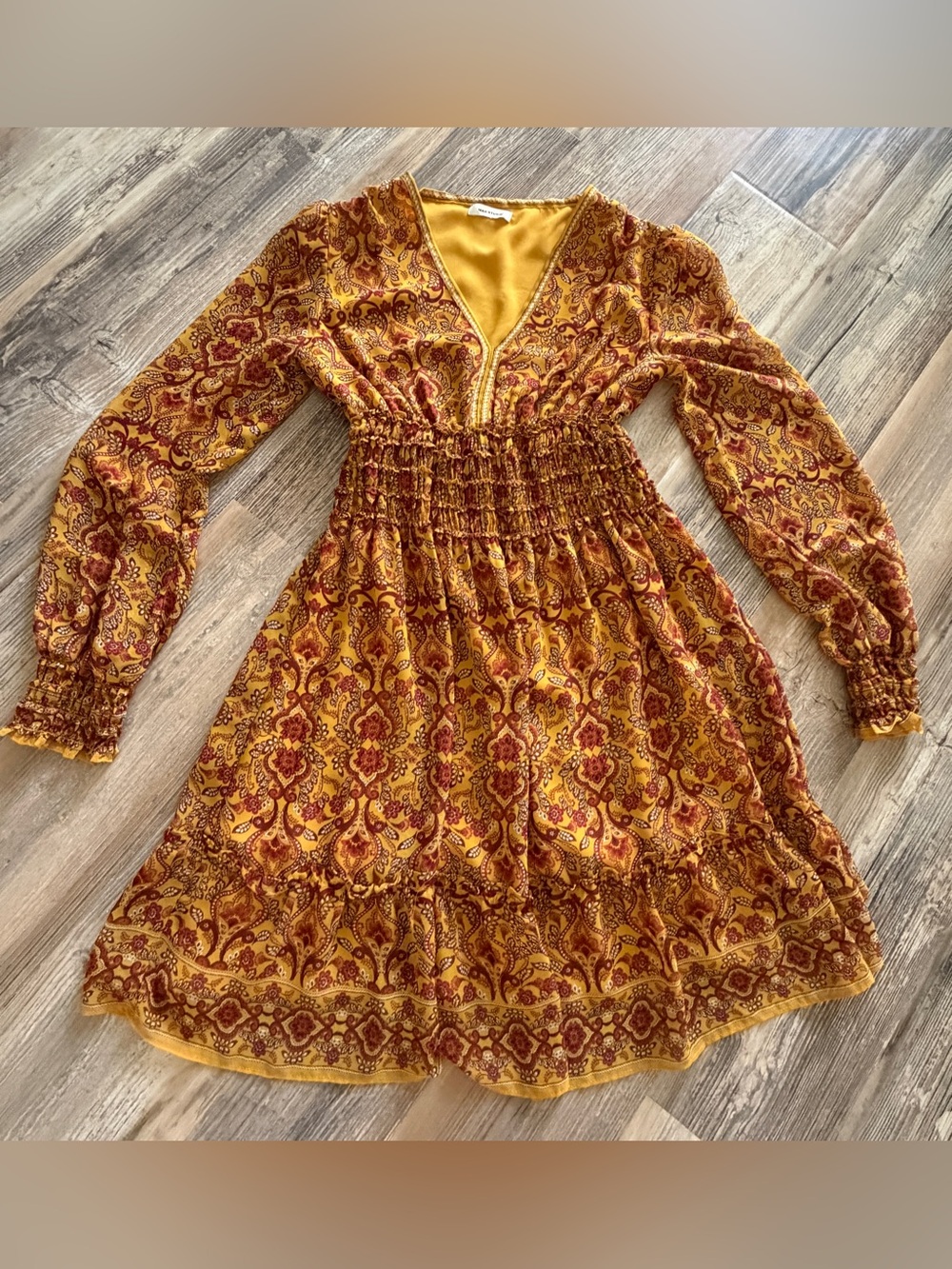 Max Studio Mustard Yellow and Burgundy Paisley Long Sleeve Dress